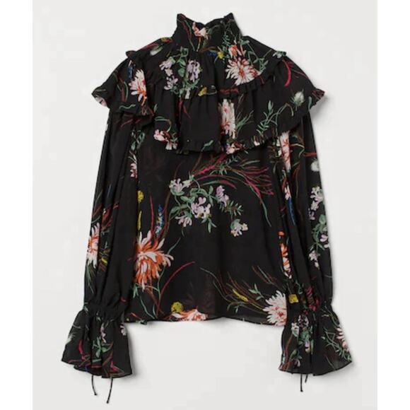 H&M Medium M Frill Ruffle Trimmed Chiffon Blouse Black Floral Smocked High Neck - Picture 3 of 16